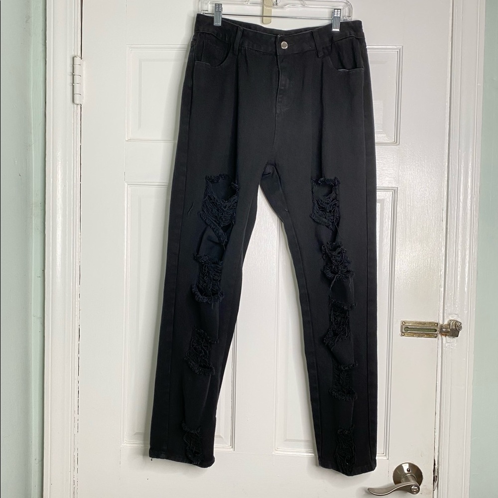 High Rise Black Distressed Ripped Jeans Size Large - Picture 10 of 10